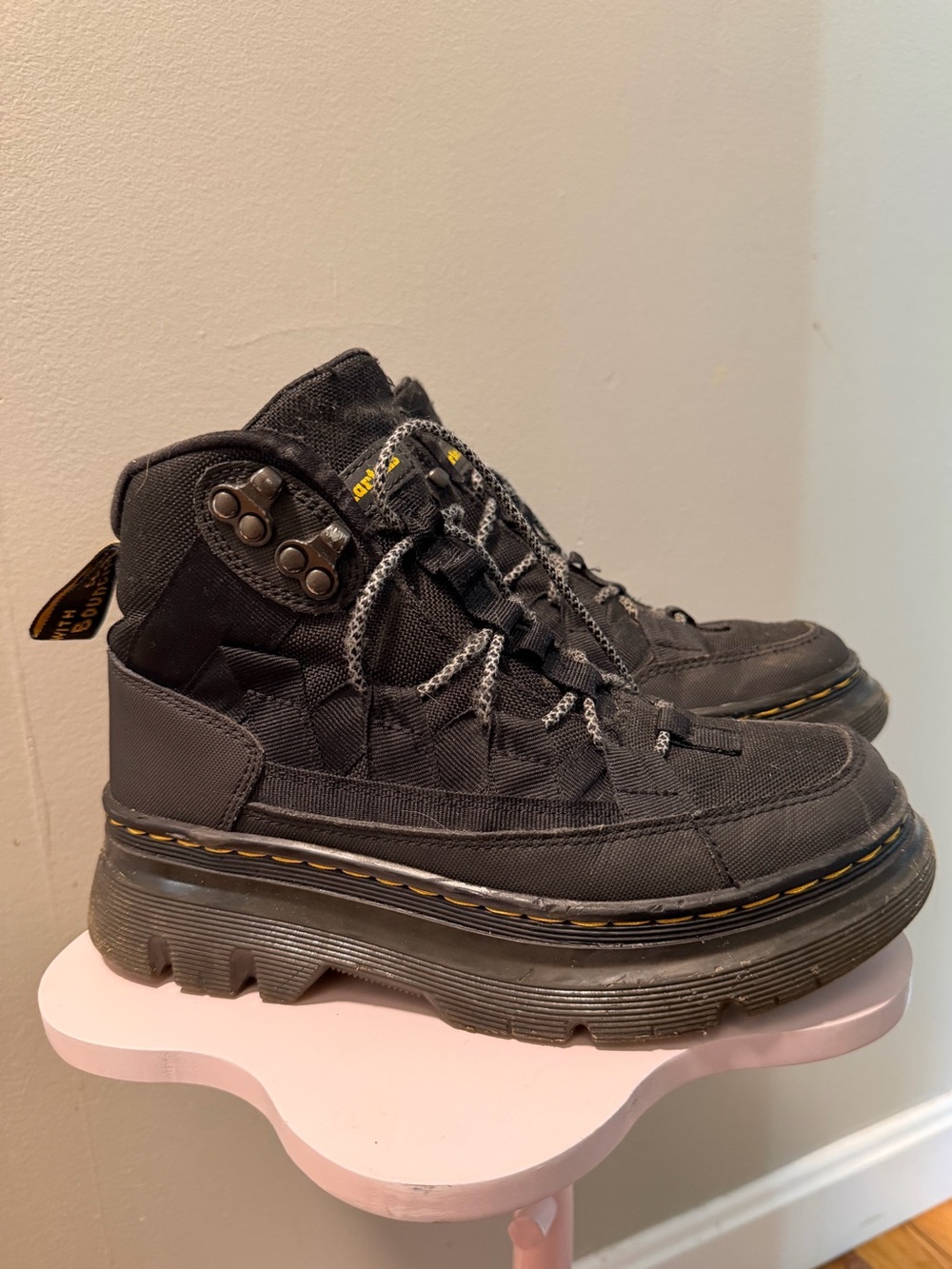 Dr. Martens Black Platform Lug Boots with Yellow Stitching